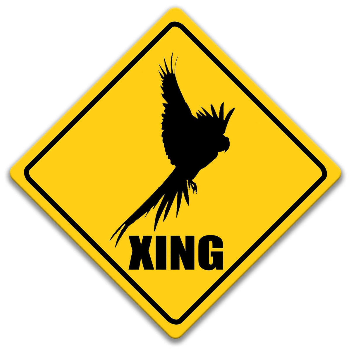 a yellow diamond-shaped sign with a black silhouette of a bird in flight, and the word "XING" written below it.