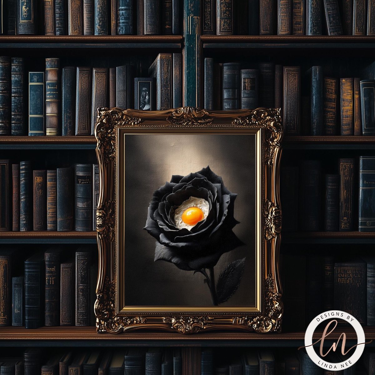 A black rose with an egg in the center is displayed in an ornate gold frame, set against a backdrop of a bookshelf filled with books.