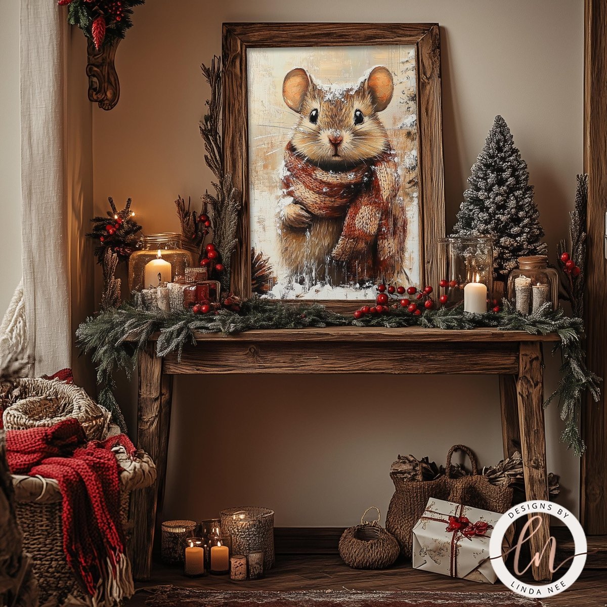 a cozy and festive Christmas scene with a wooden table adorned with holiday decorations, including a framed picture of a smiling mouse, candles, and a small Christmas tree.