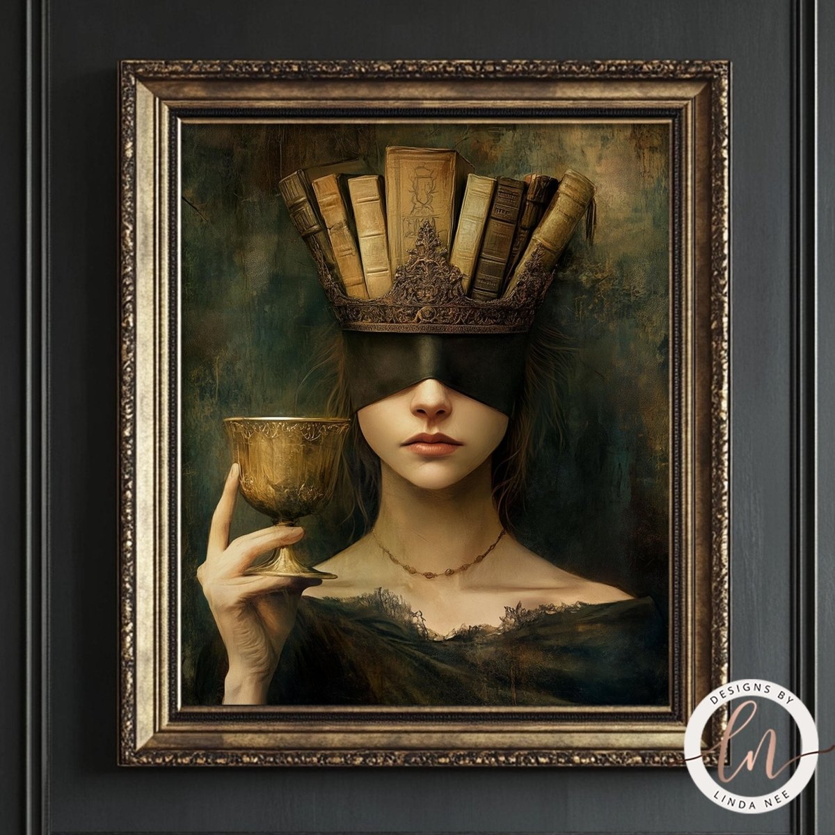 Woman with a crown of books holding a cup of wine