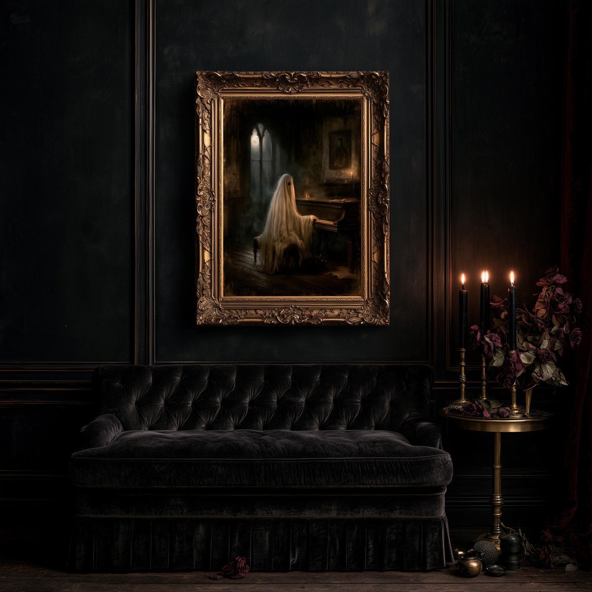 Large ghost piano artwork above a black tufted sofa and a side table of flowers