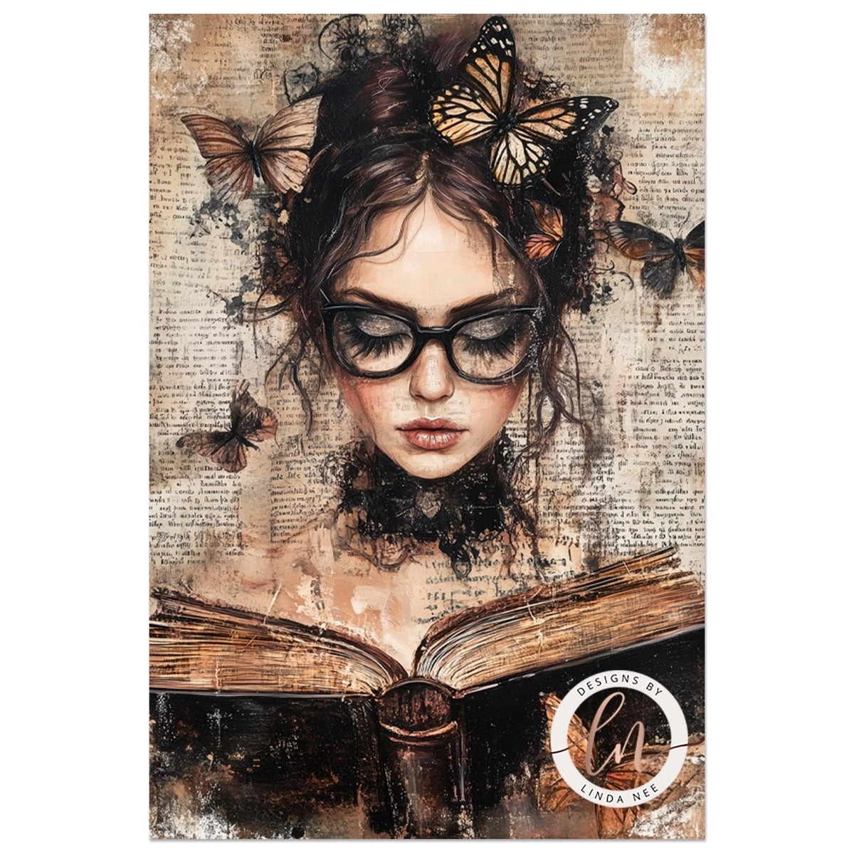 The image is a painting depicting a woman with a serious expression, wearing glasses and surrounded by butterflies.