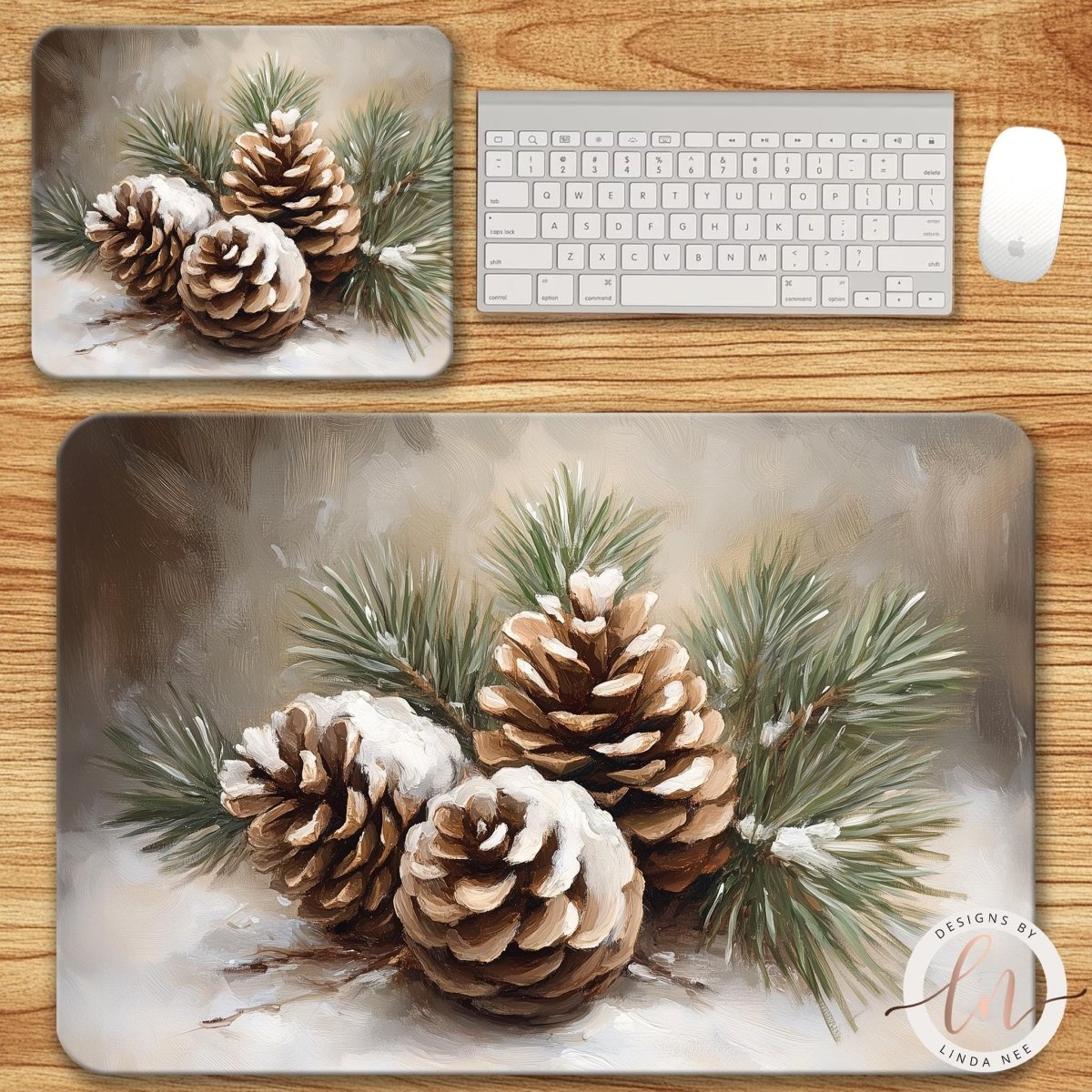 Delicately detailed pine cones in a quiet winter forest scene on a cottagecore mouse pad and desk mat.