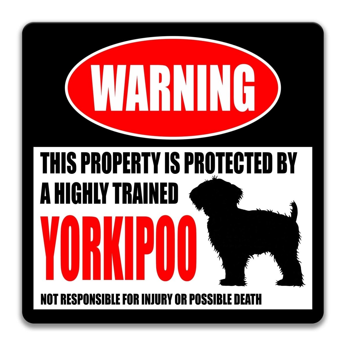 Yorkipoo warning sign, red WARNING banner and large Yorkipoo dog silhouette, funny Yorkipoo lover gift, aluminum with rounded corners
