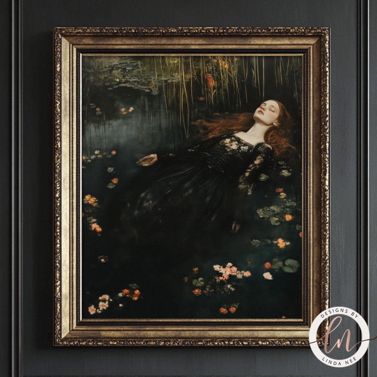 Woman in black dress lying still among pond flowers and plants