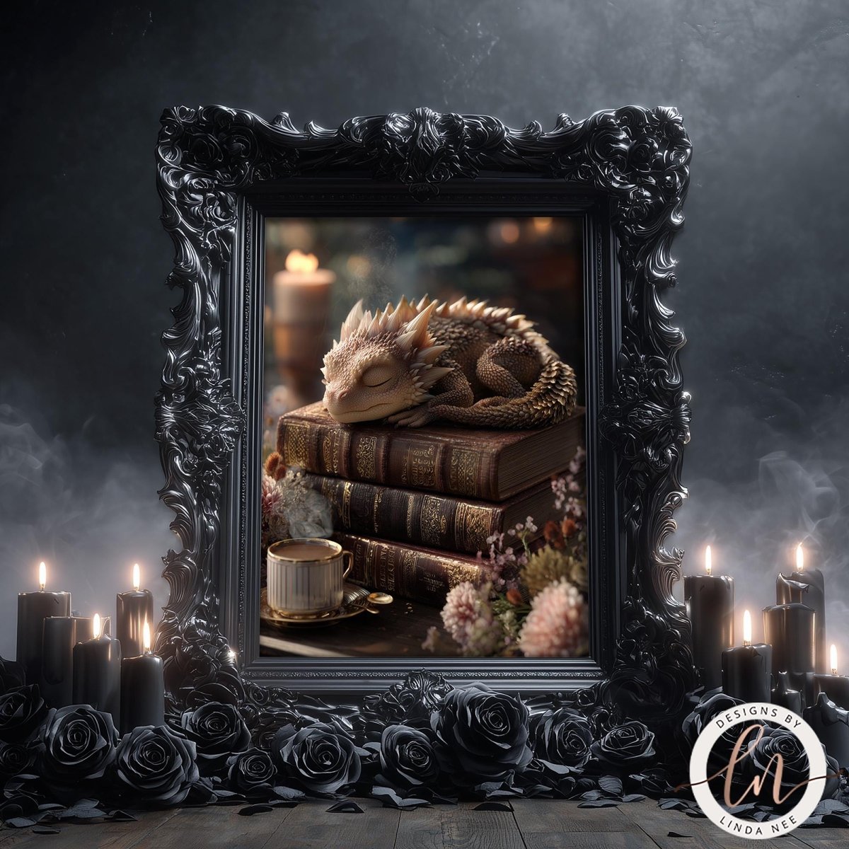 A framed image depicting a sleeping dragon resting on a stack of books, surrounded by candles and flowers, with a dark, moody background.