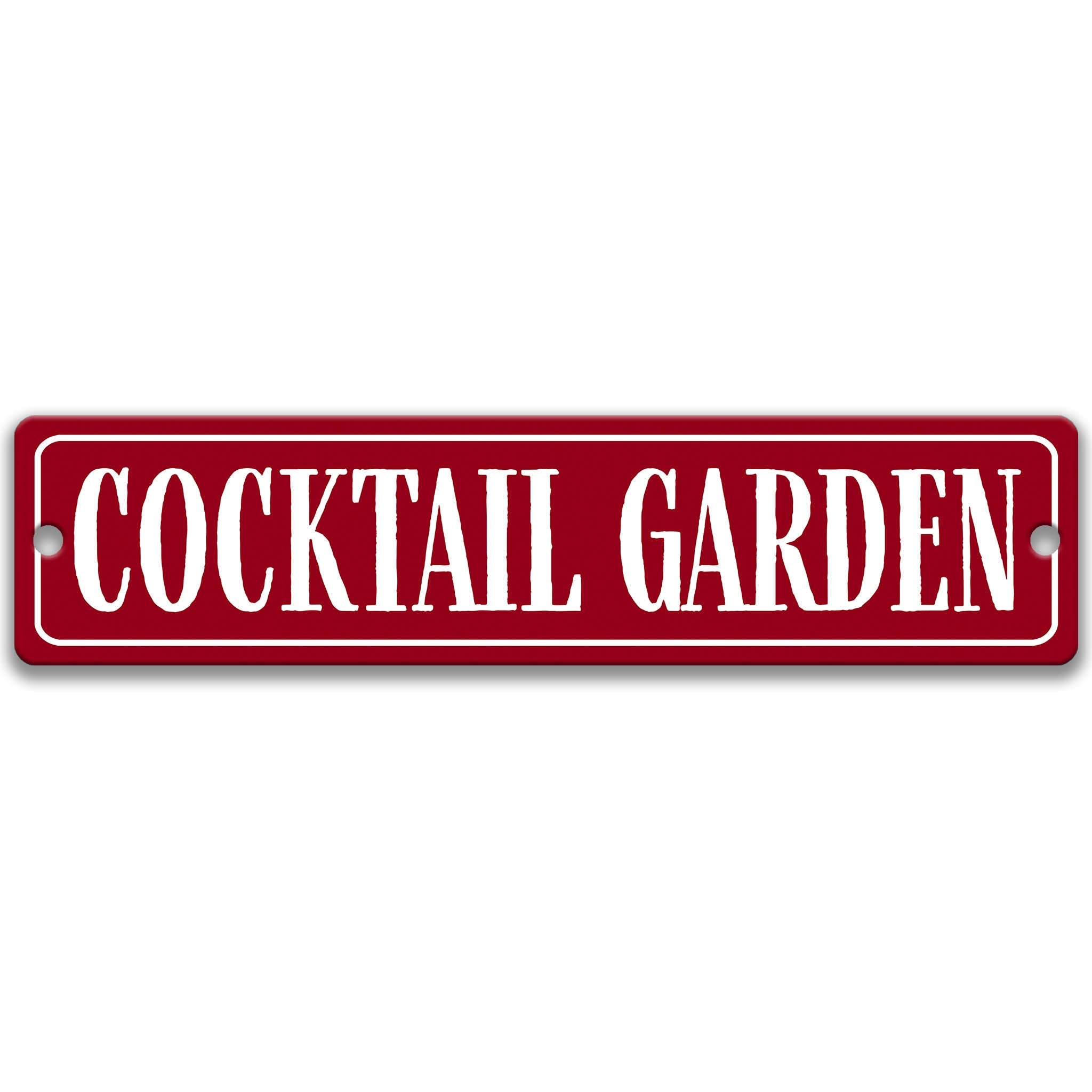 a red rectangular sign with the text "Cocktail Garden" written in white letters.