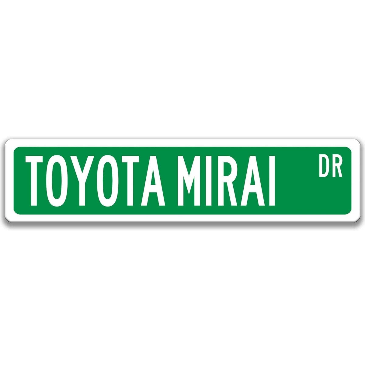 Green metal street sign with white text reading TOYOTA MIRAI DR