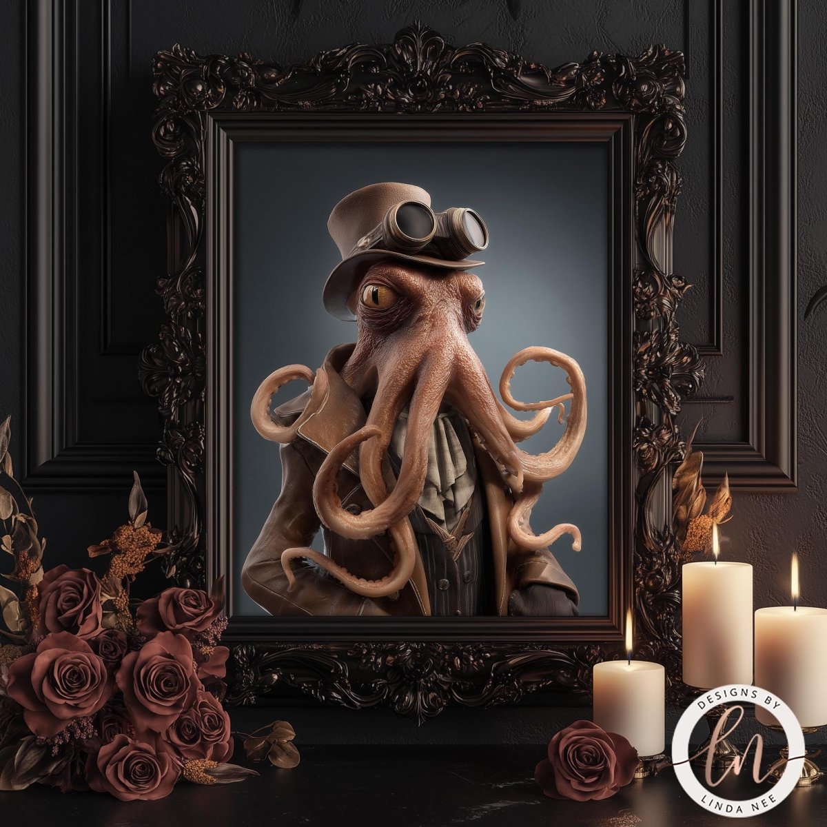 A framed image of an octopus wearing a top hat and goggles, with a dark background and a bouquet of roses to the left.