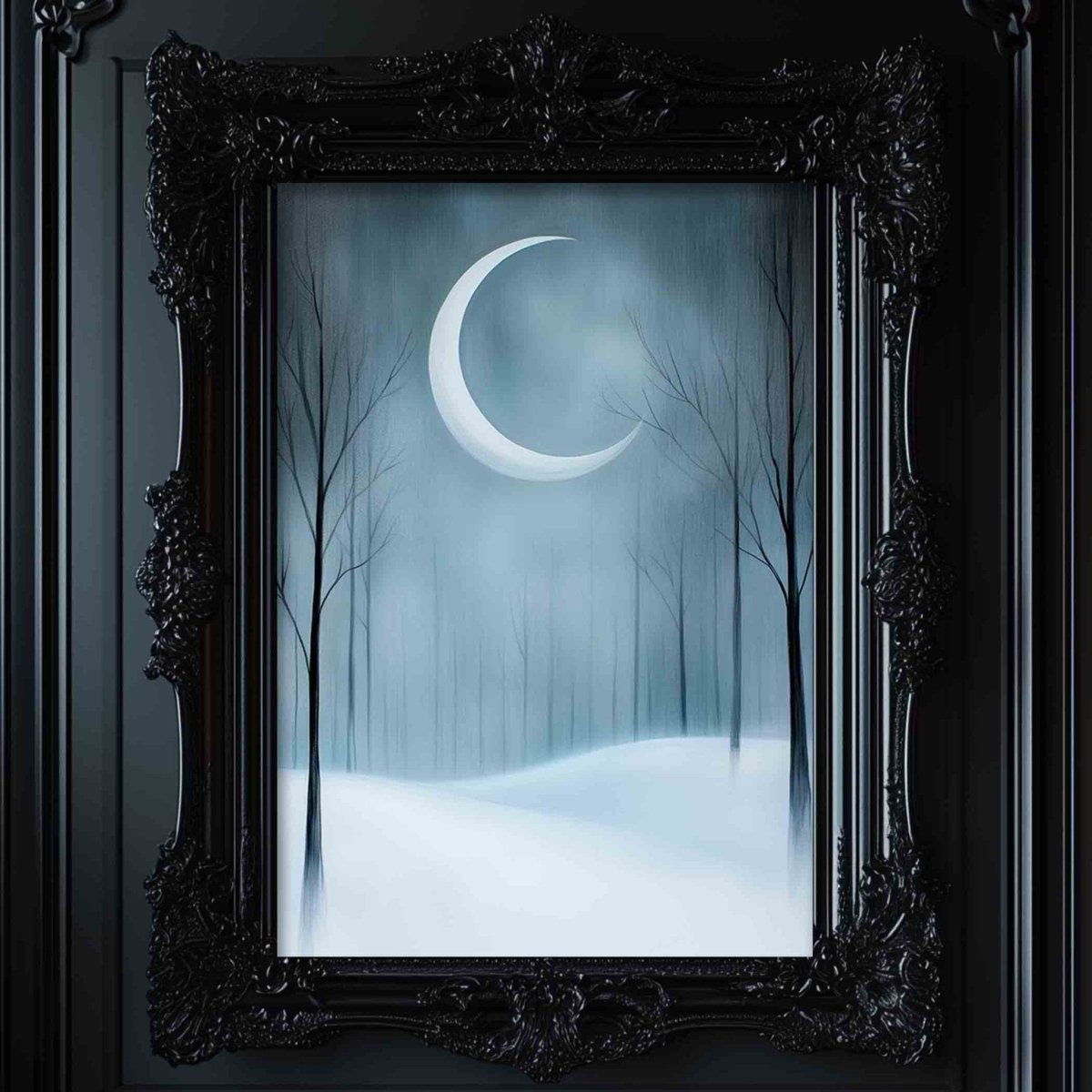 Crescent moon over bare trees and a snowy hill, winter nightscape art