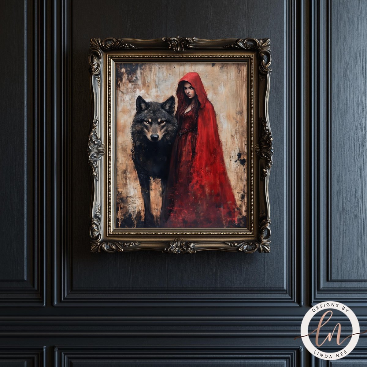 Red Riding Hood and wolf full figure artwork on display