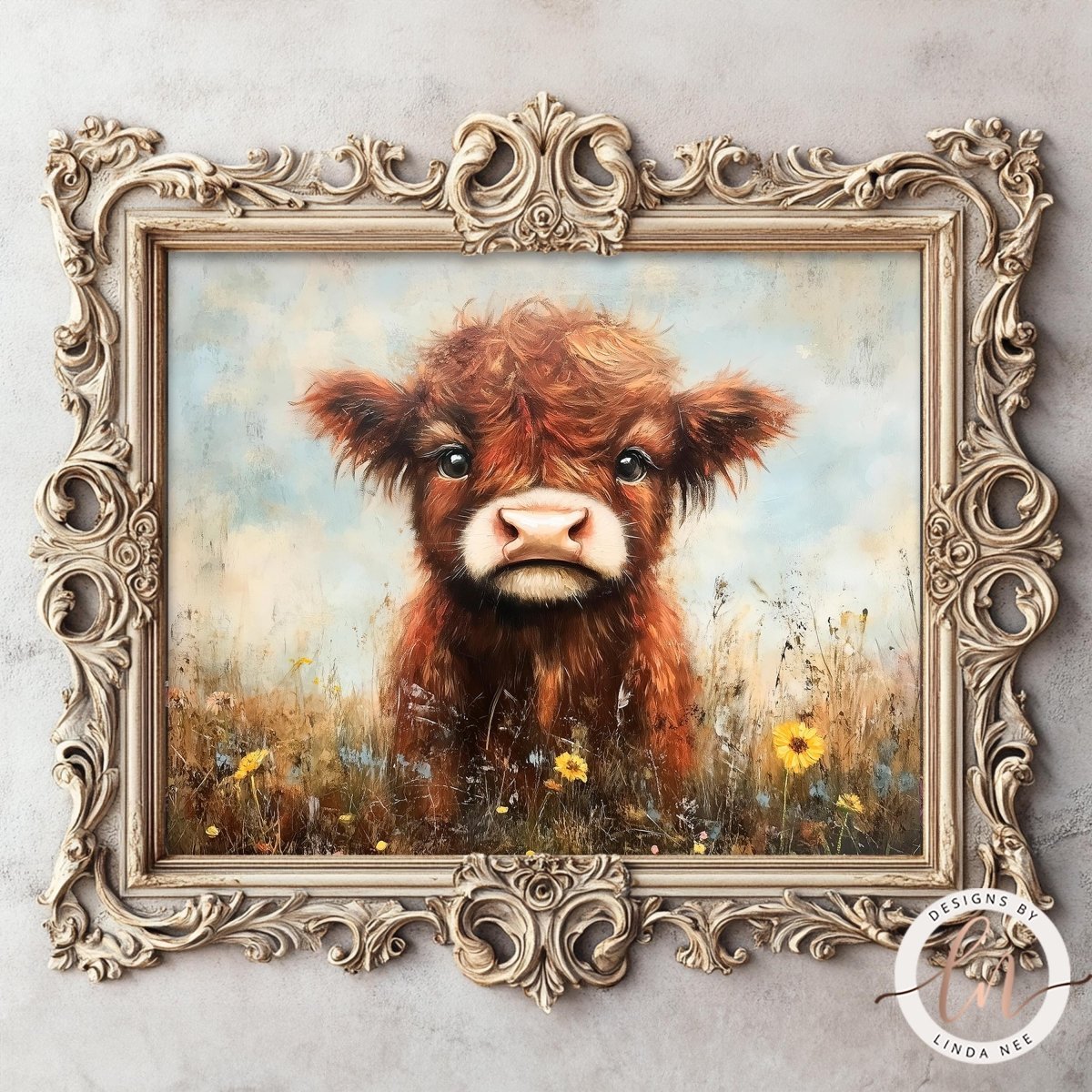 Brown Highland cow with curly hair beneath a cloudy sky
