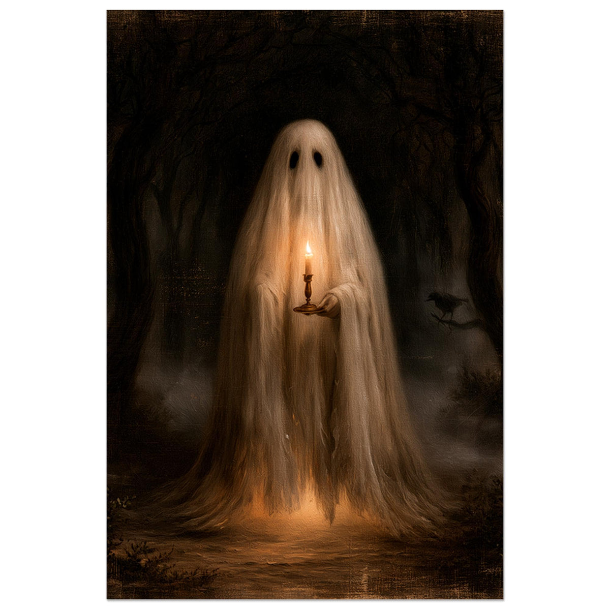 Ghost with flowing white hair holding a lit candle in a dark misty forest