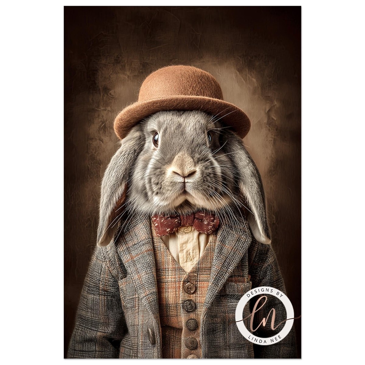 A rabbit wearing a hat, coat, and bow tie, with a serious expression on its face.