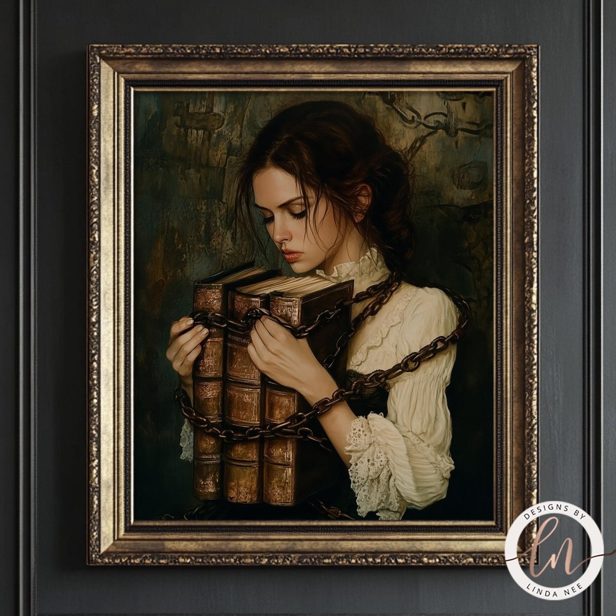 Woman holding chained books in a dark library room