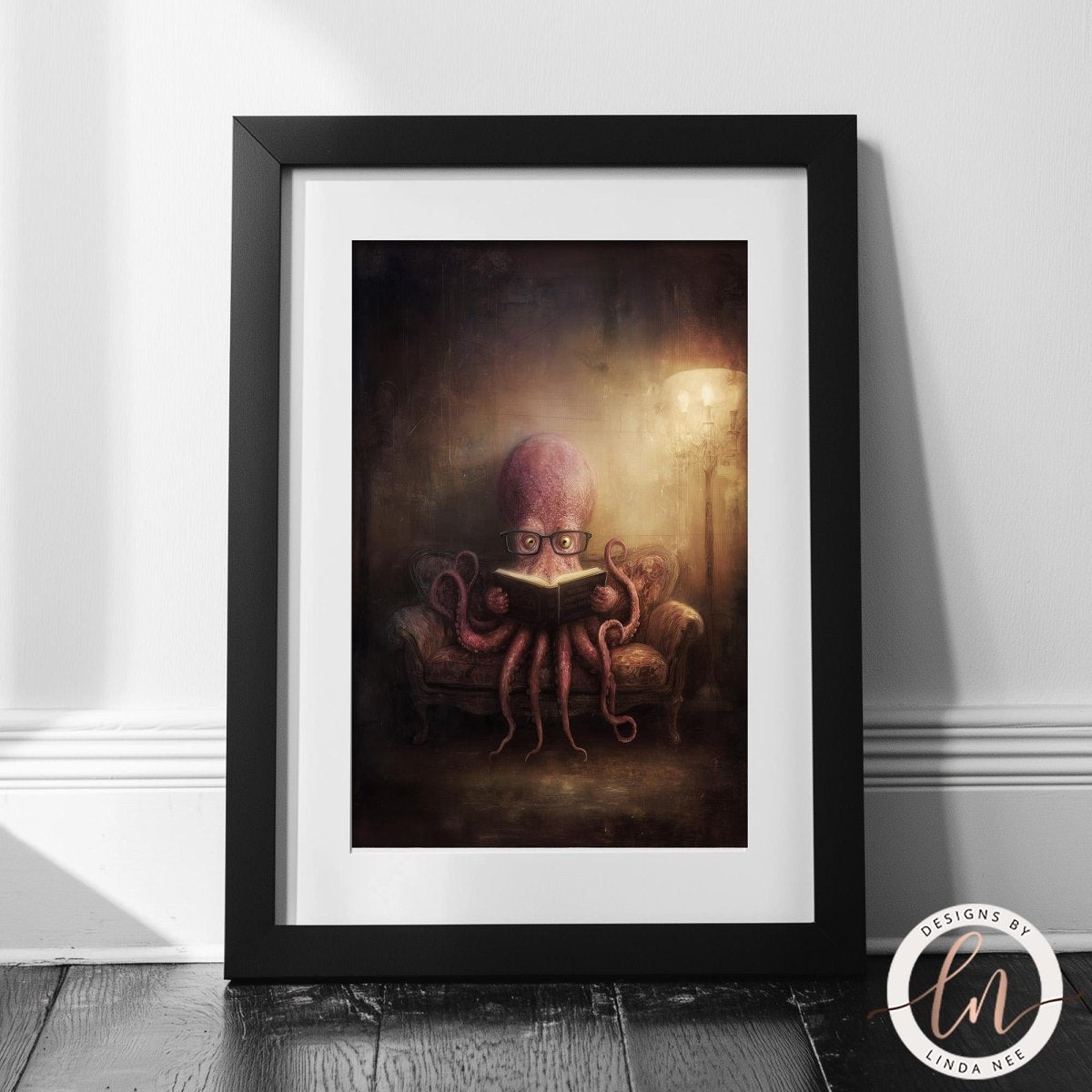 A framed illustration depicting an octopus sitting on a chair and reading a book.