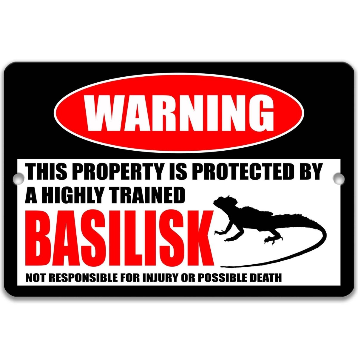 Basilisk lizard warning metal sign, glossy black, red WARNING oval and long-tailed basilisk silhouette