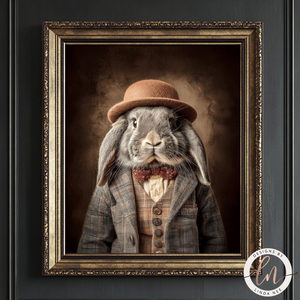 A framed image of a rabbit wearing a hat and a suit, with a serious expression on its face.