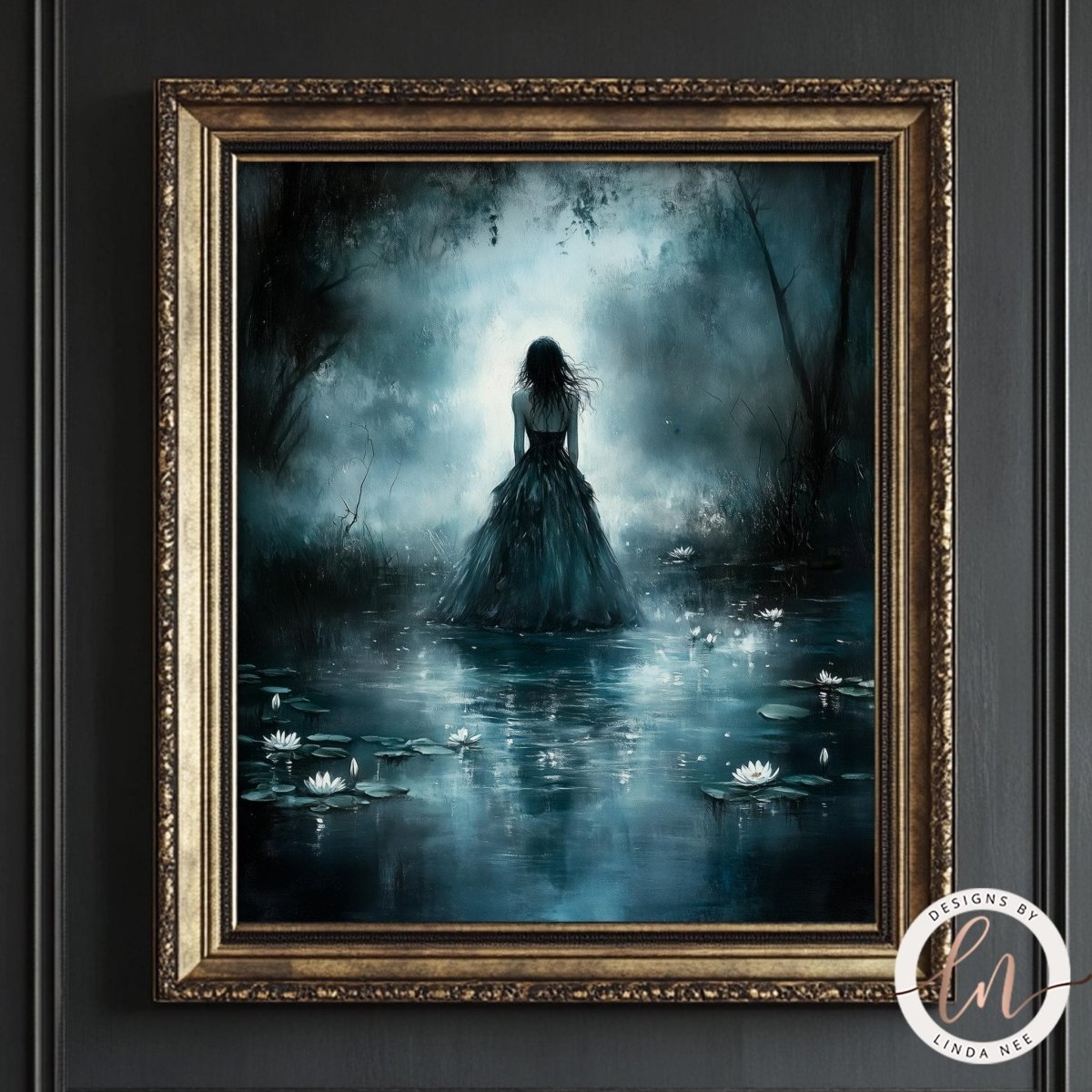 Woman standing in a misty pond with lily pads and aquatic plants
