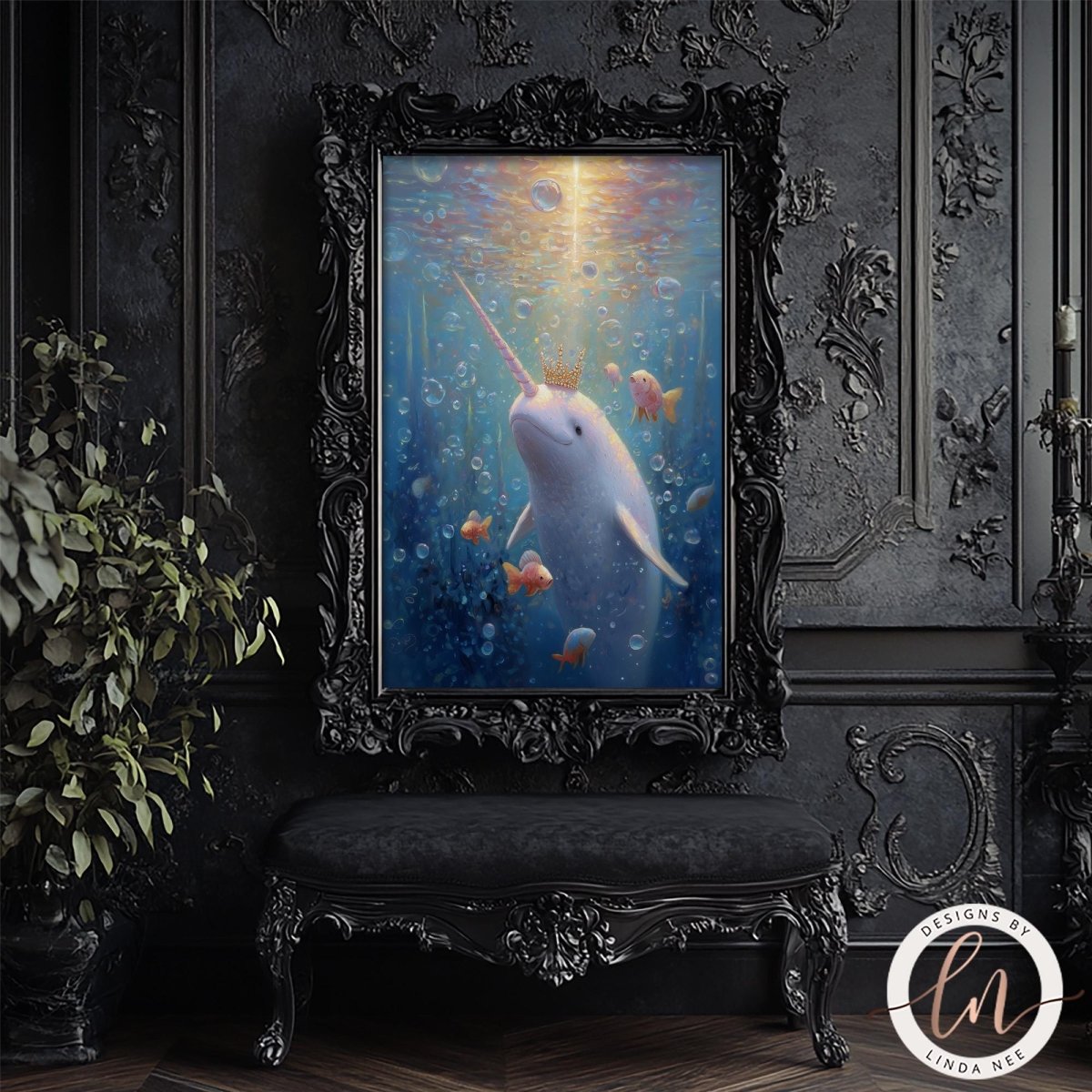 a large, ornate black frame with a painting of a unicorn and fish inside it, set against a dark background.