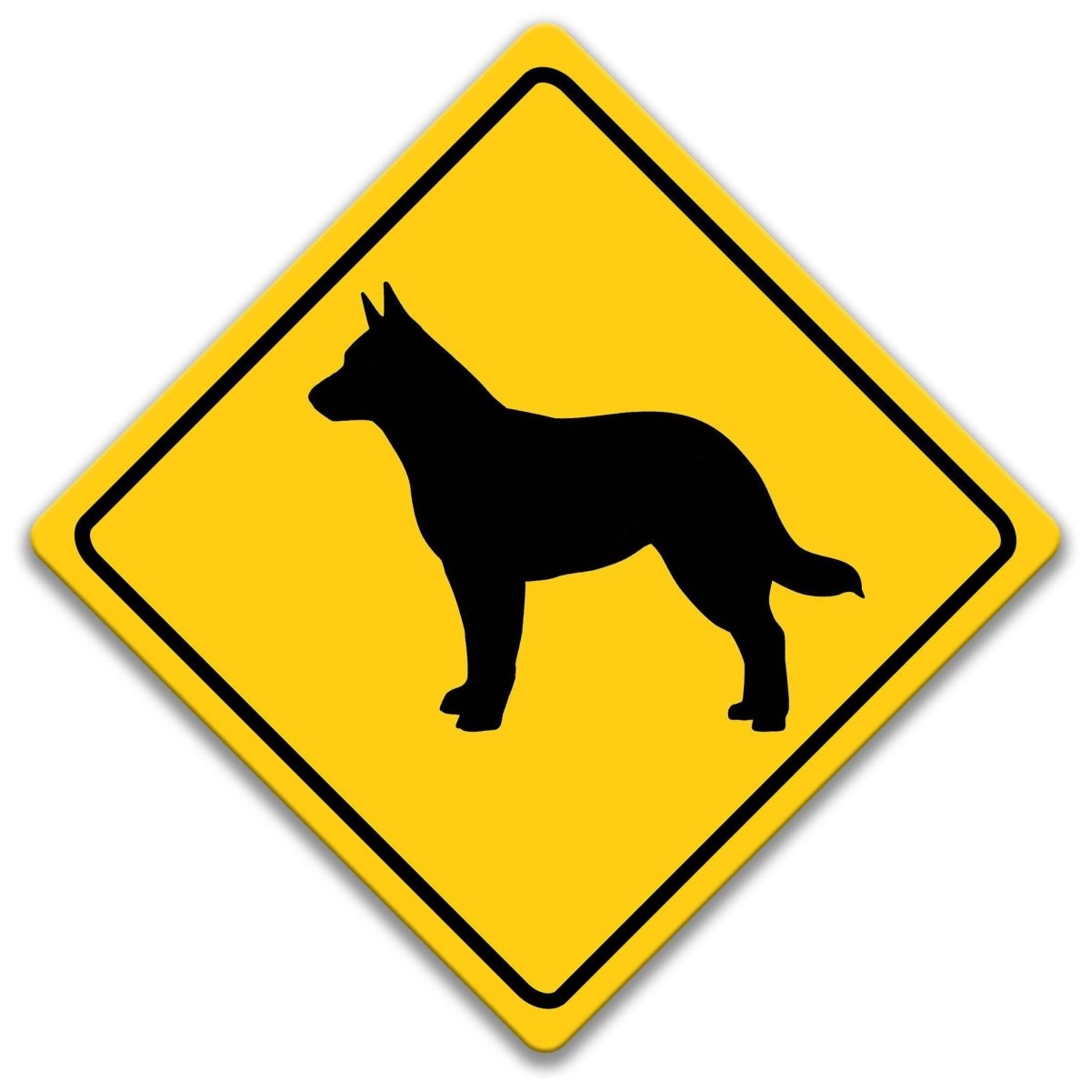 A yellow diamond-shaped road sign with a black silhouette of a dog in the center.