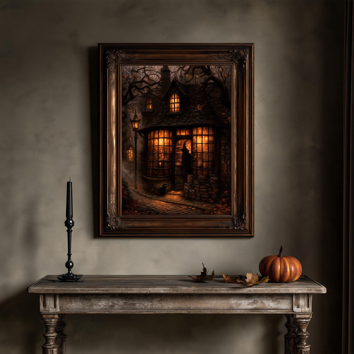 Lamplit bookshop artwork above a table holding a lantern and a pumpkin