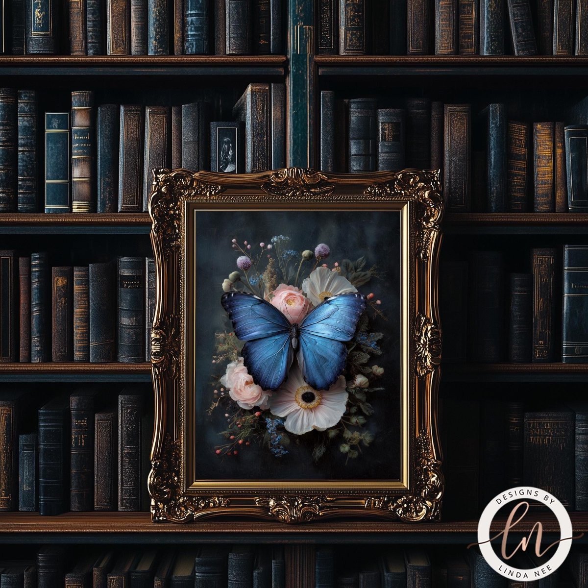 a framed painting of a blue butterfly resting on a floral arrangement, set against a dark background with a bookshelf filled with books.