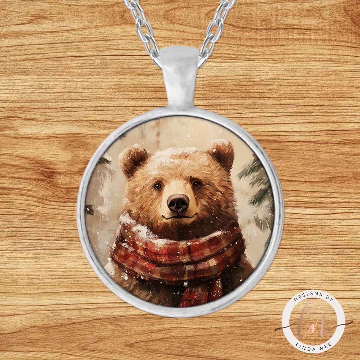 Bear in Plaid Scarf Pendant Necklace
