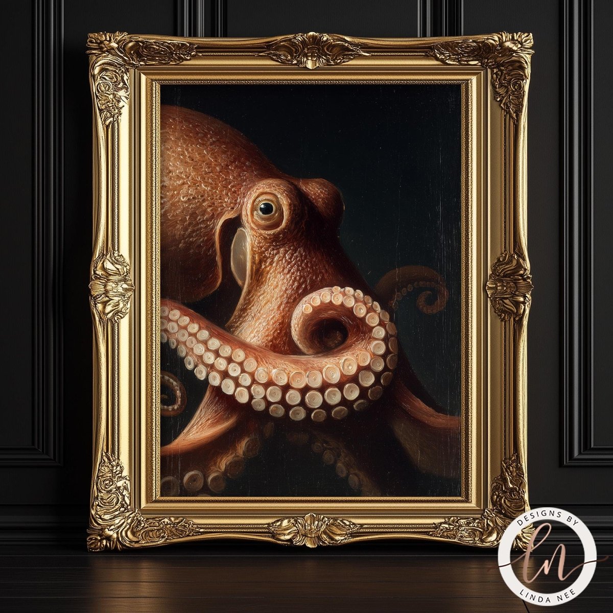 an octopus with its tentacles spread out, displayed in an ornate gold frame.