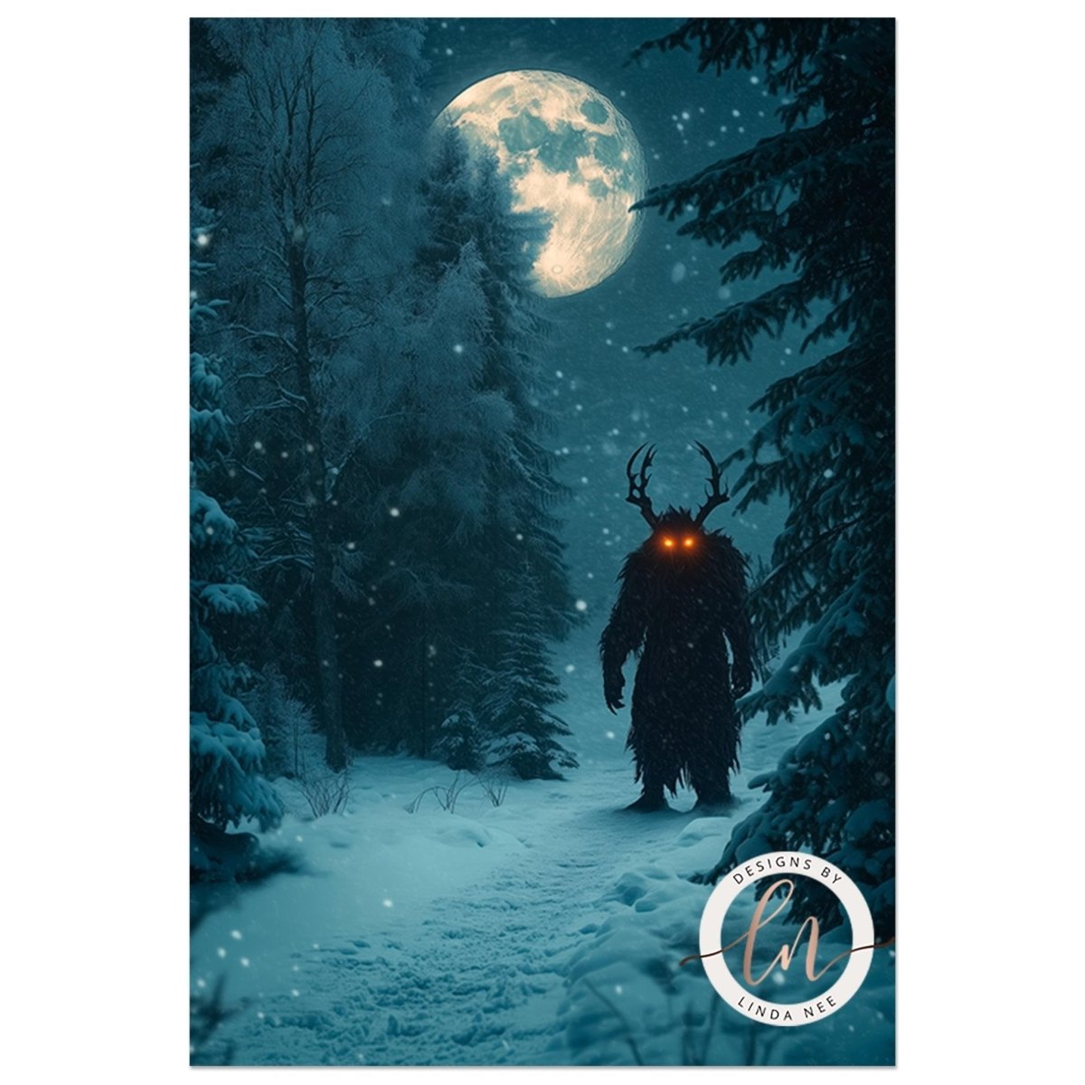 Dark academia fantasy Krampus print with atmospheric snowfall and eerie forest shadows