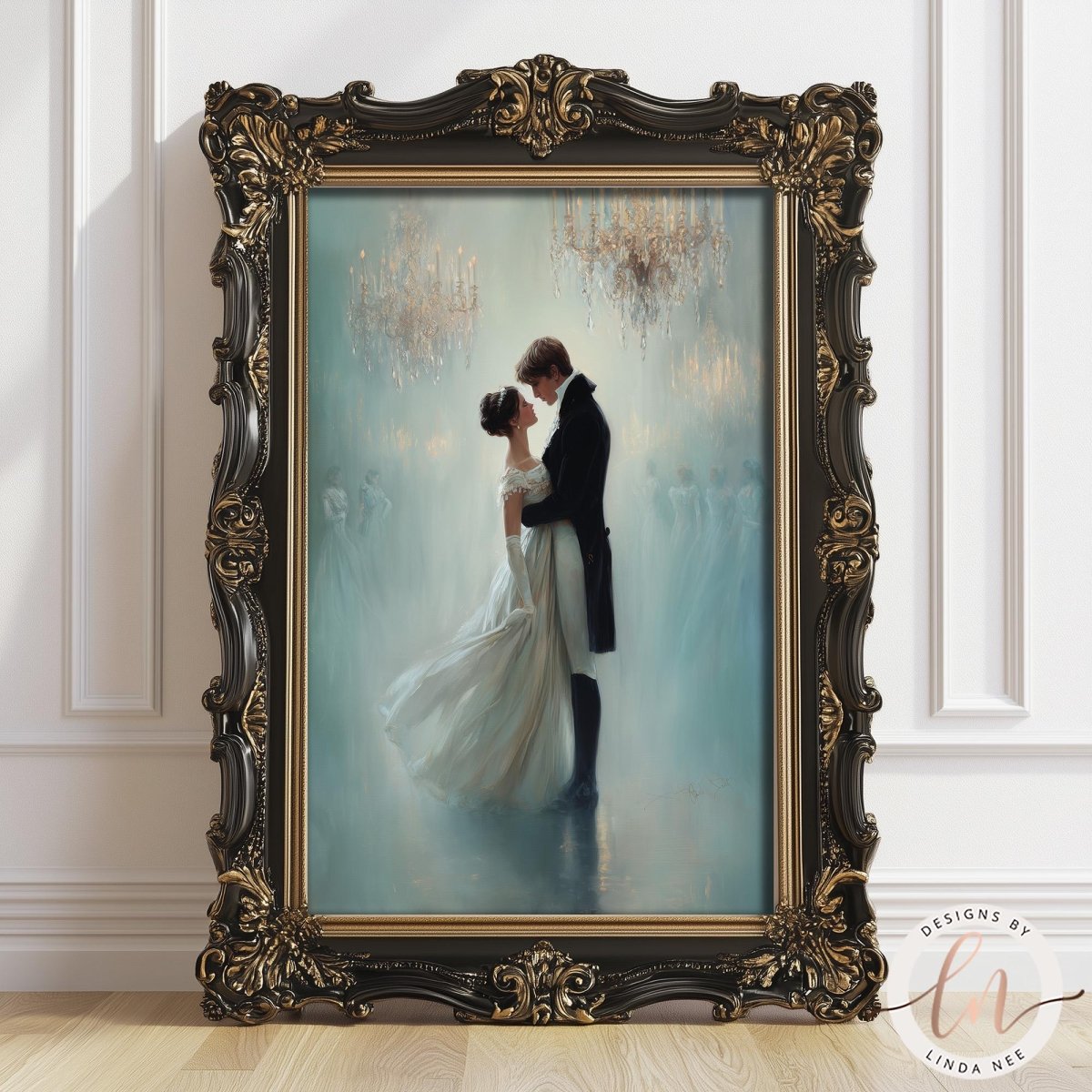A painting of a couple embracing in a romantic embrace, surrounded by a chandelier and a misty, ethereal atmosphere.