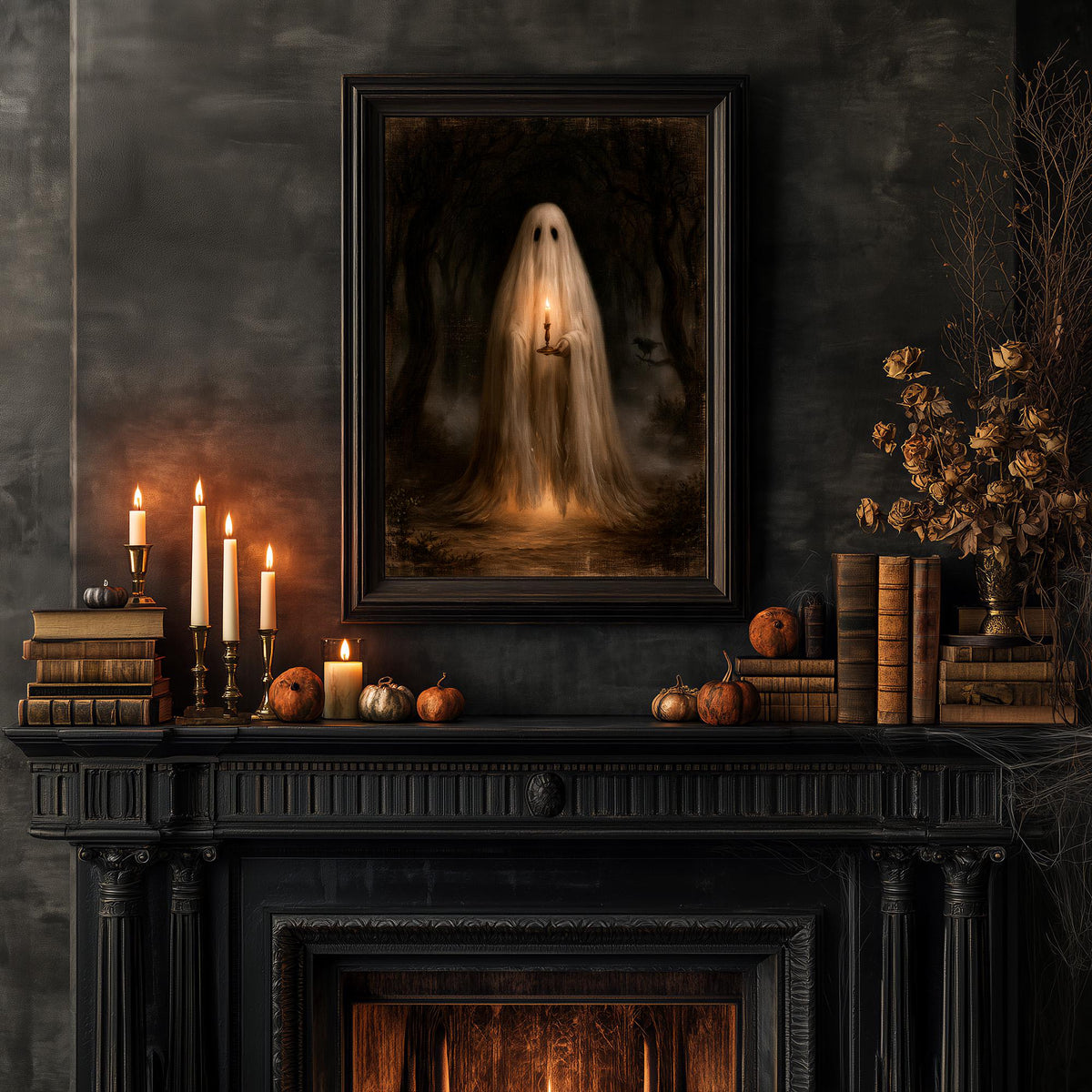 Mantel styled with candles, pumpkins, and books beneath the gothic ghost art