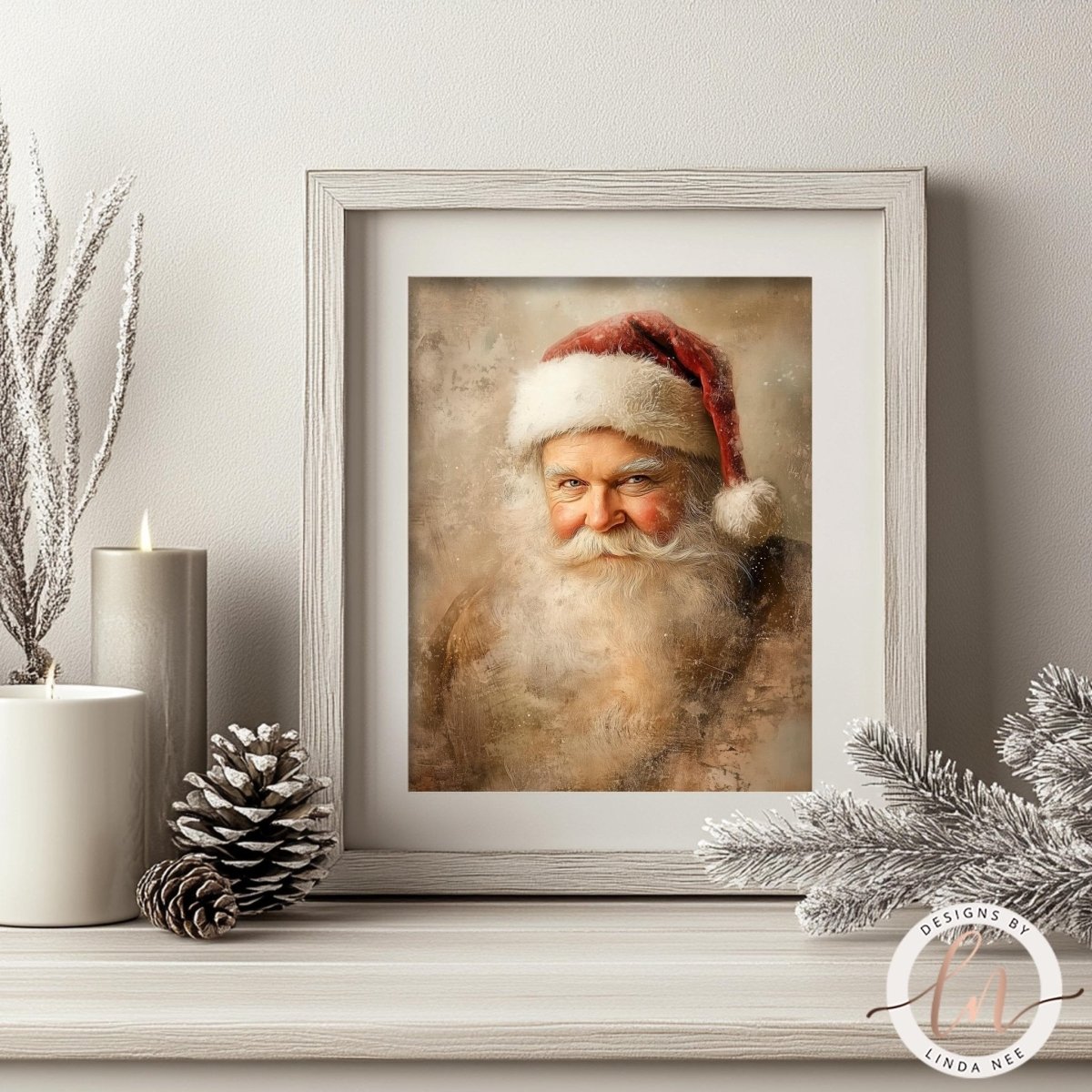 Santa Claus portrait displayed on a shelf beside a pine cone and candle