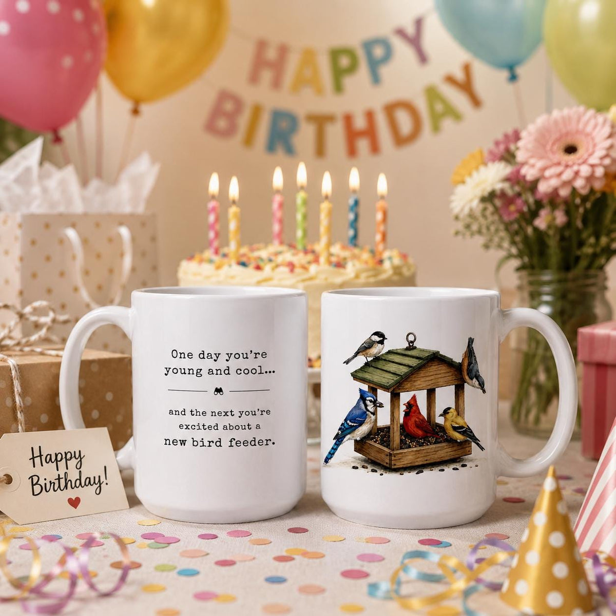 Bird feeder mug shown both sides on a birthday table with a candle-lit cake, balloons, flowers and a Happy Birthday tag