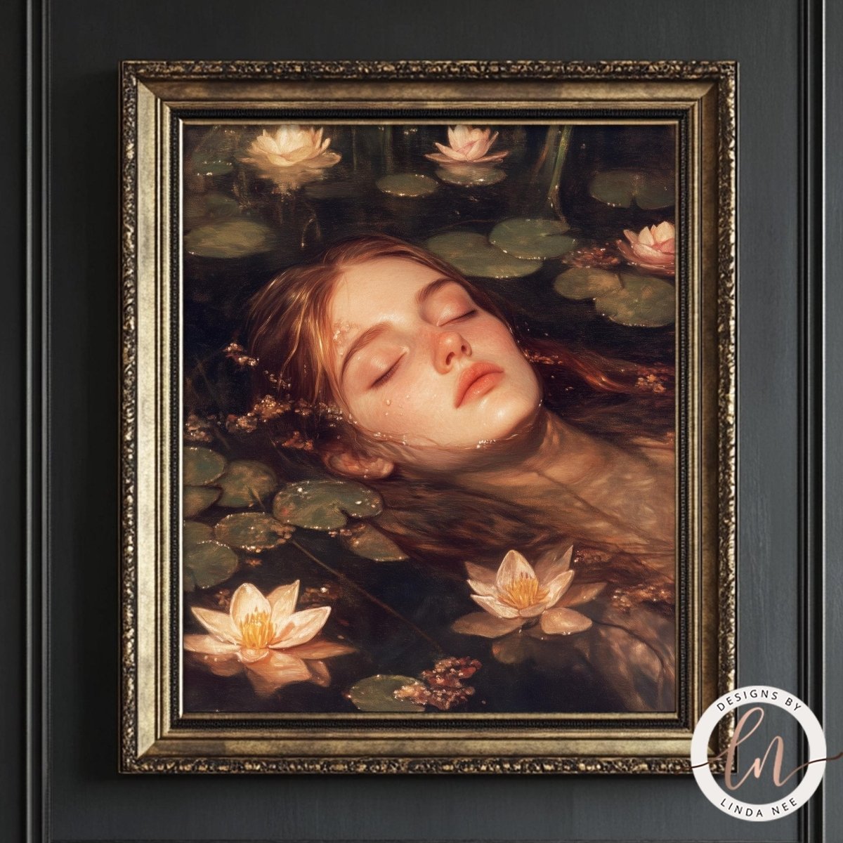 Serene face with closed eyes among lily pads and water lilies