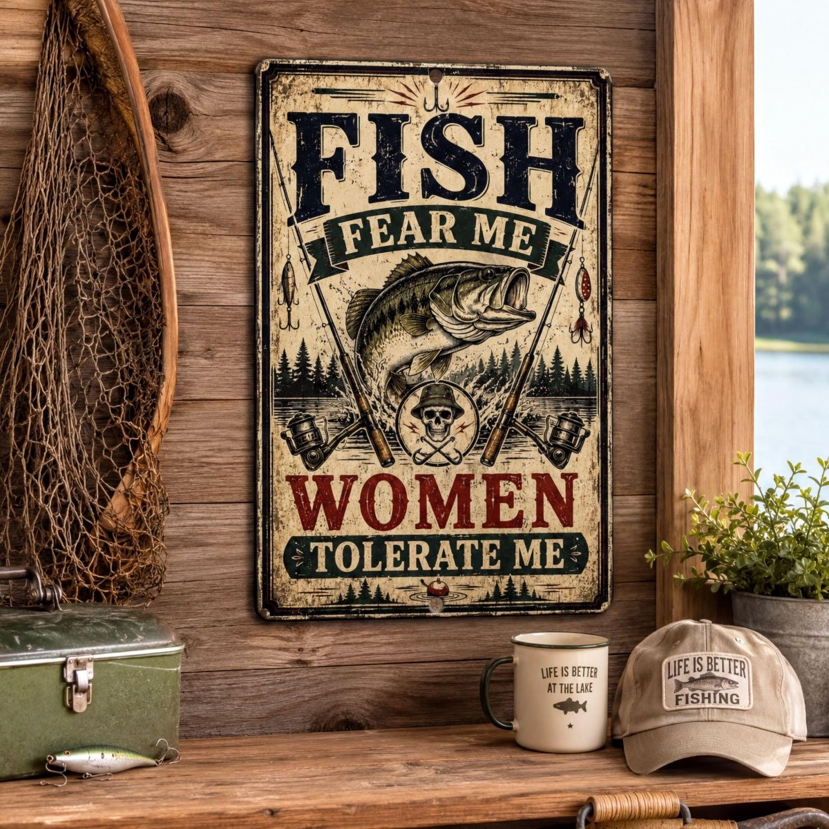 a rustic wooden wall with a vintage-style sign that reads "FISH FEAR ME WOMEN TOLERATE ME" and a fishing net. Next to the sign, there is a mug and a hat, suggesting a fishing-themed setting.