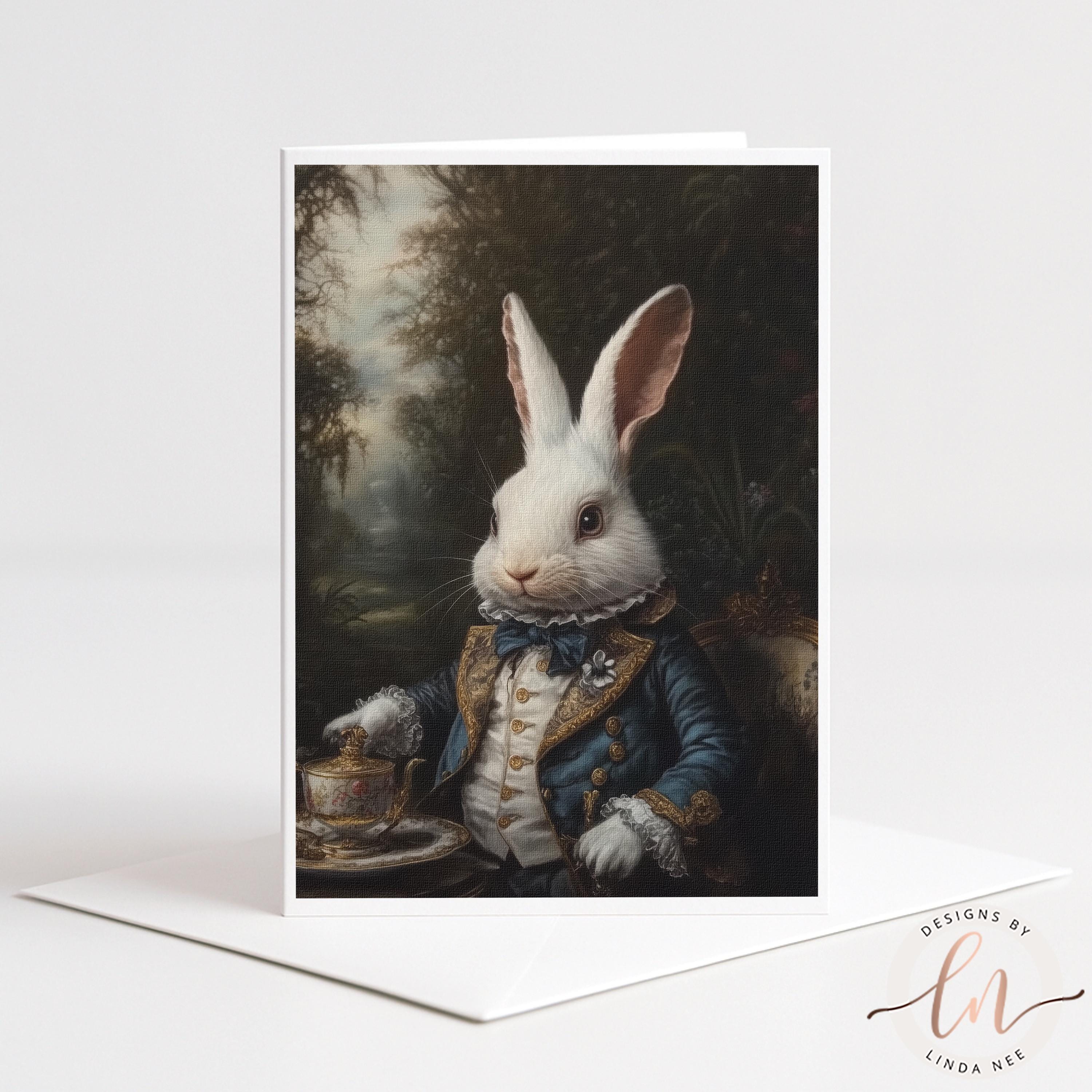 A white rabbit wearing a blue coat and holding a teacup is depicted in a painting on a white card.