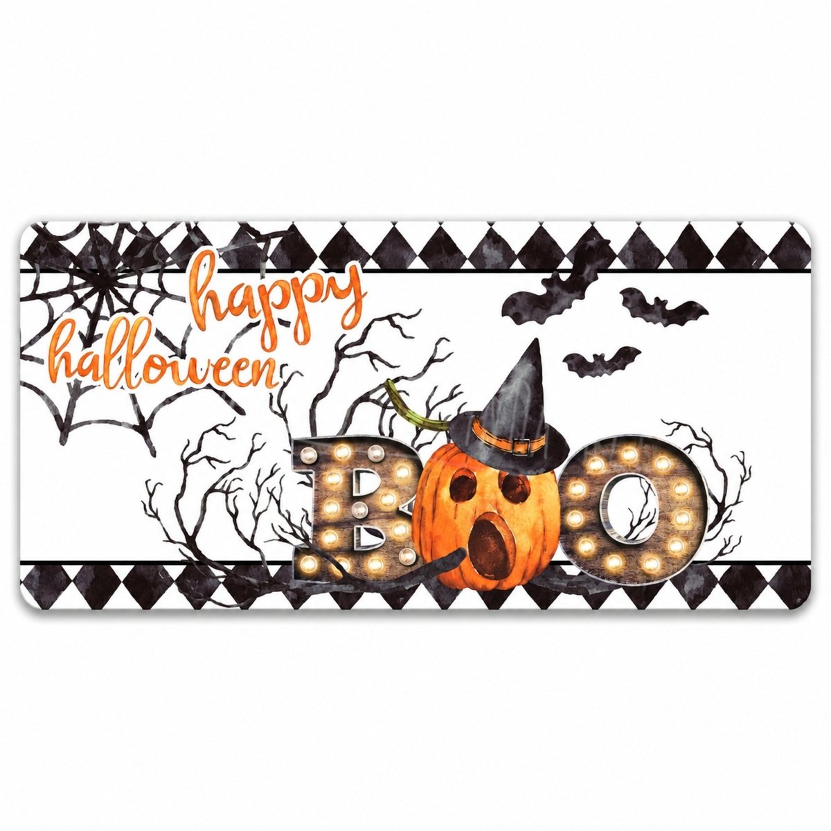 Happy Halloween Bats and Pumpkin 6x12 metal wreath sign with a pumpkin, bats, and BOO