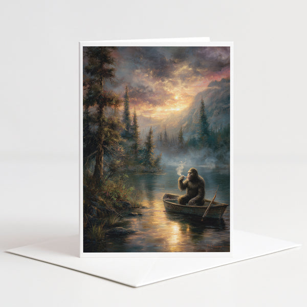 Funny Bigfoot Smoking Rowboat Note Card