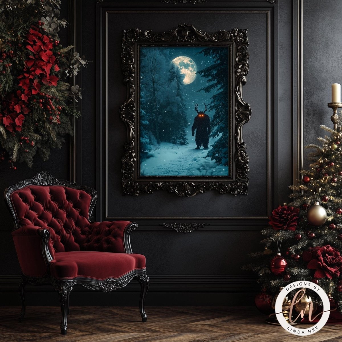 Folklore inspired gothic Christmas wall art on aluminum metal or archival fine art paper