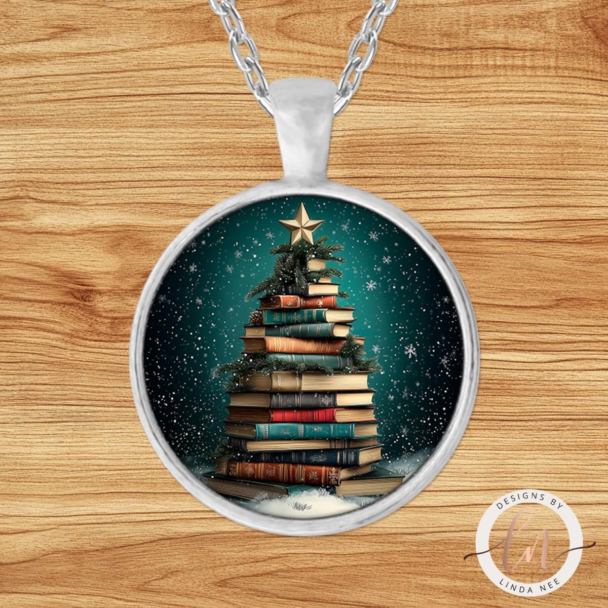 Book Stack Christmas Tree Pendant Necklace