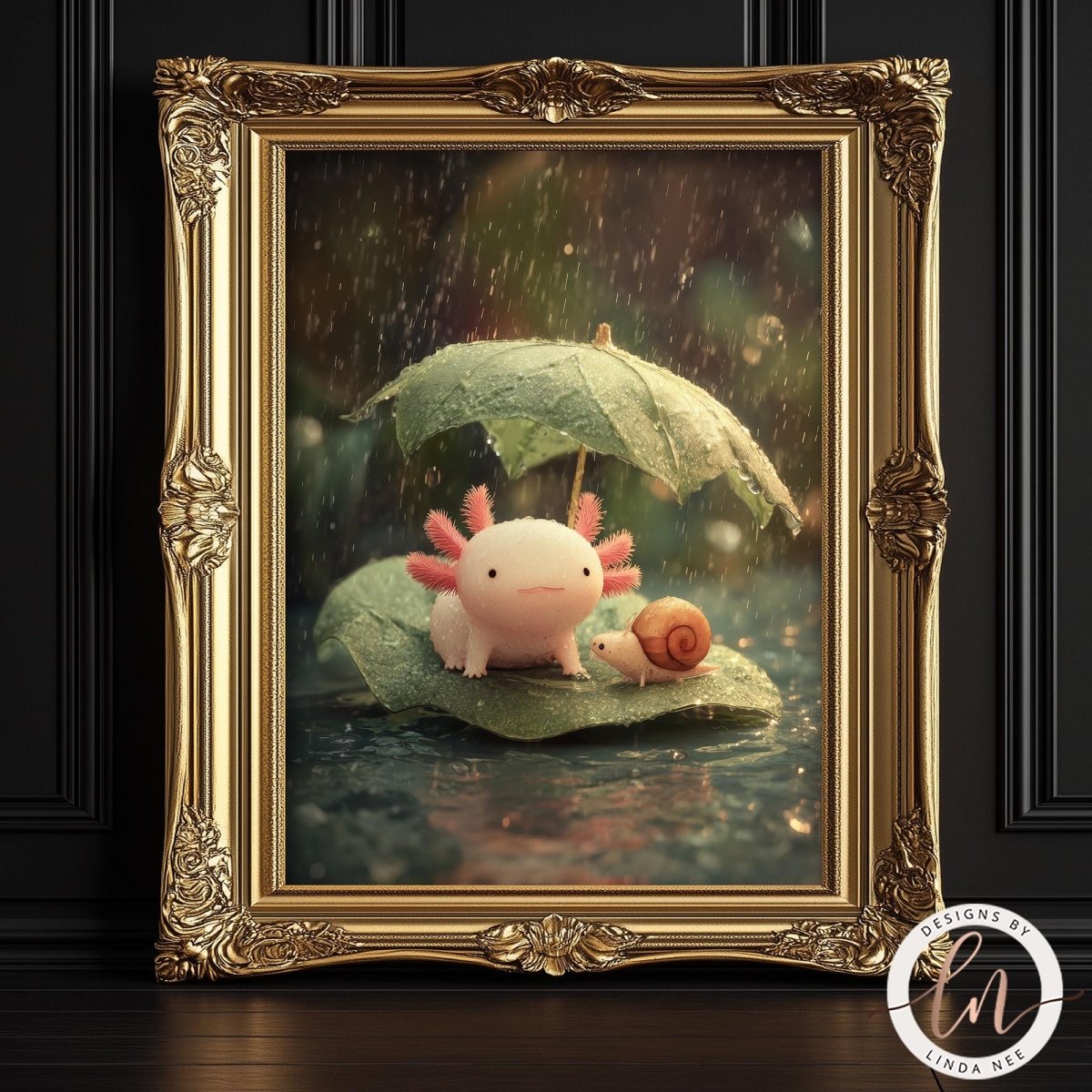 A framed image depicting a pink axolotl (slater) sitting on a leaf, with a snail resting on the same leaf, both under an umbrella.