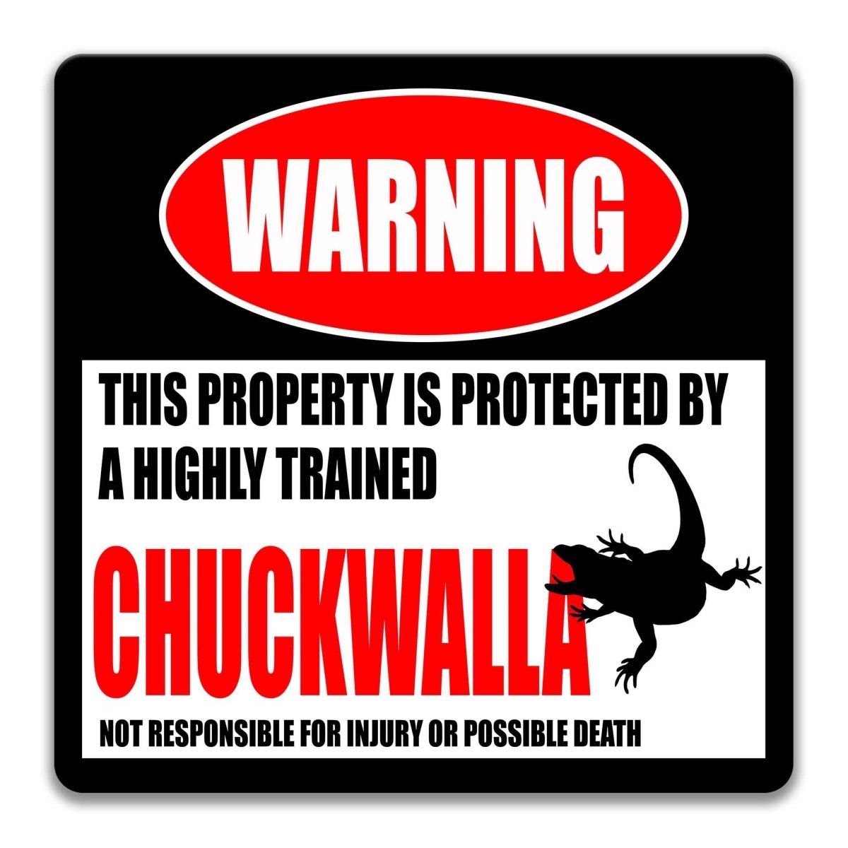 Square chuckwalla warning metal sign, black background with red WARNING banner and chuckwalla silhouette