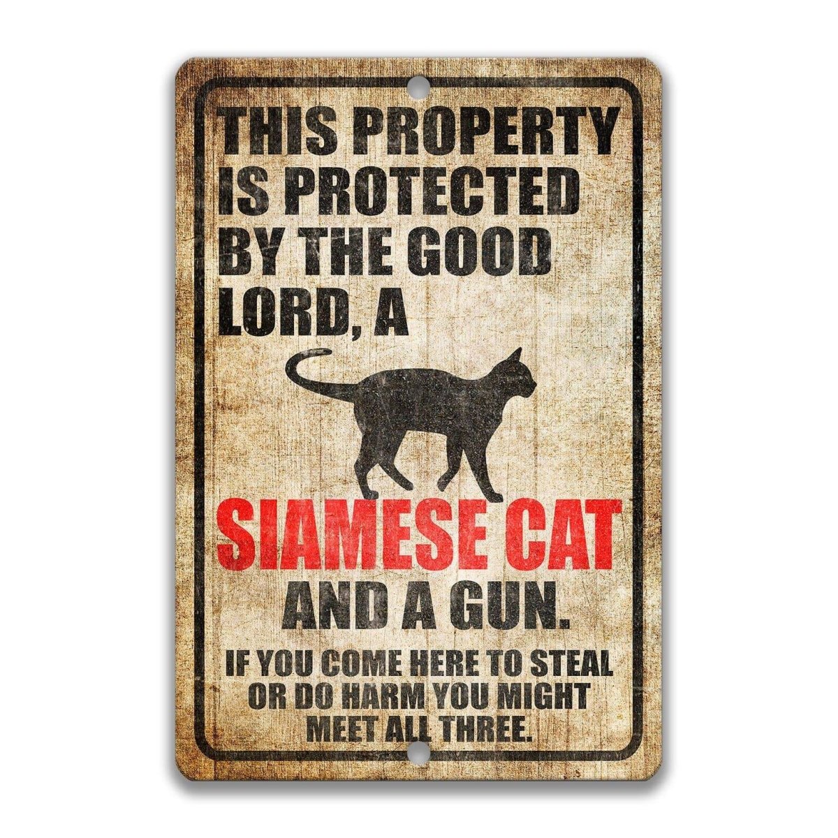 The image is a sign that reads "This property is protected by the good Lord, a Siamese cat and a gun. If you come here to steal or do harm, you might meet all three."