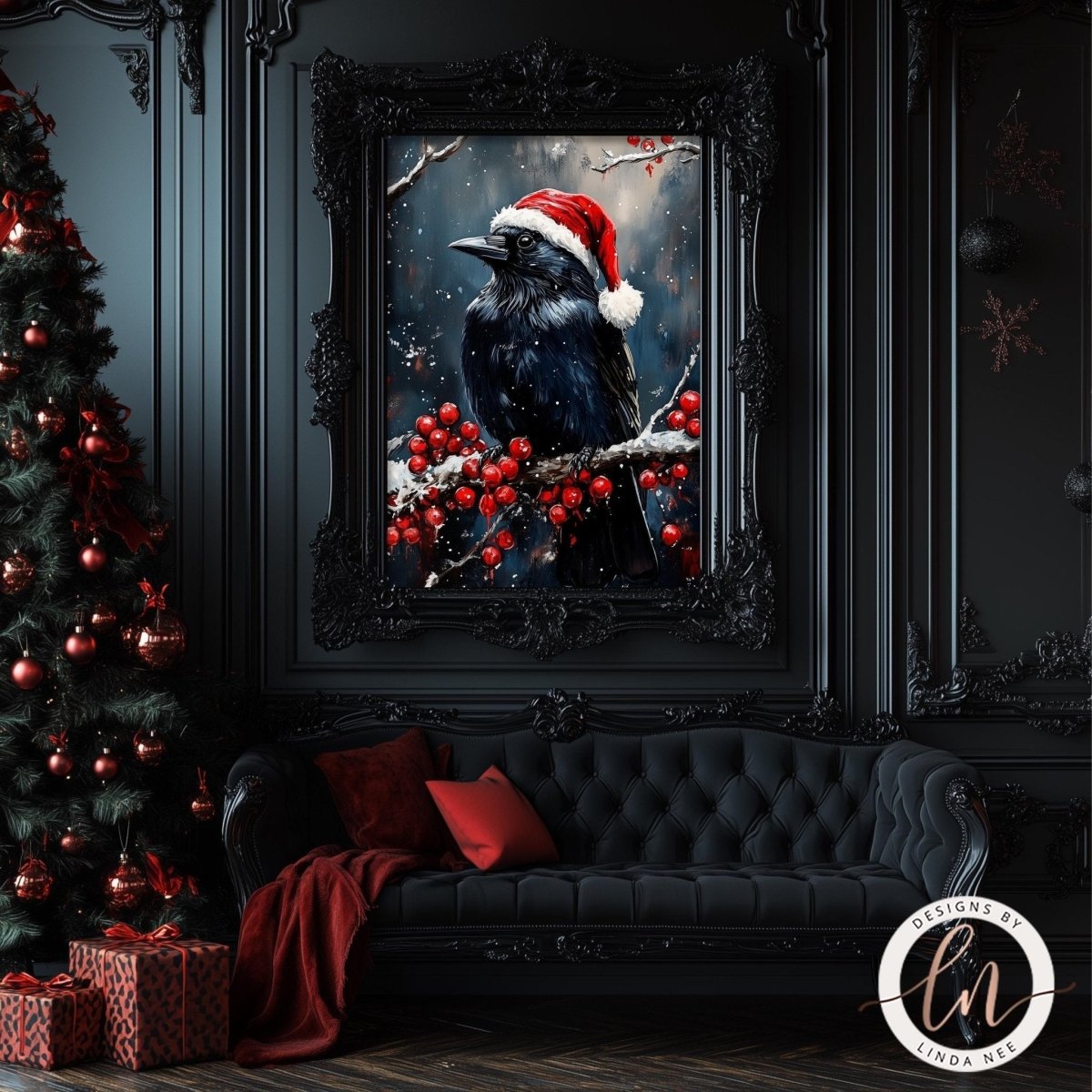Santa hat raven artwork on a dark wall above a black couch with red pillows
