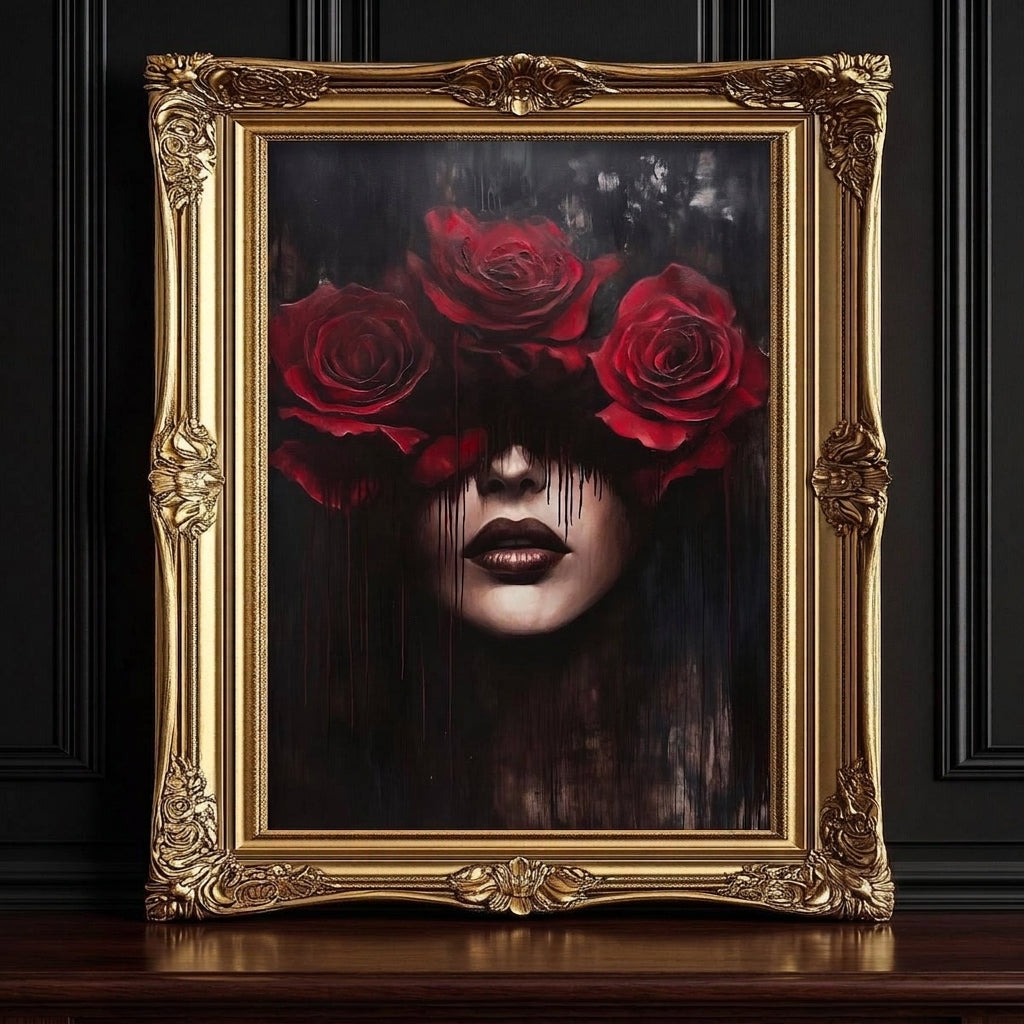 a painting of a woman's face with three red roses covering her eyes, creating a striking and dramatic visual effect.