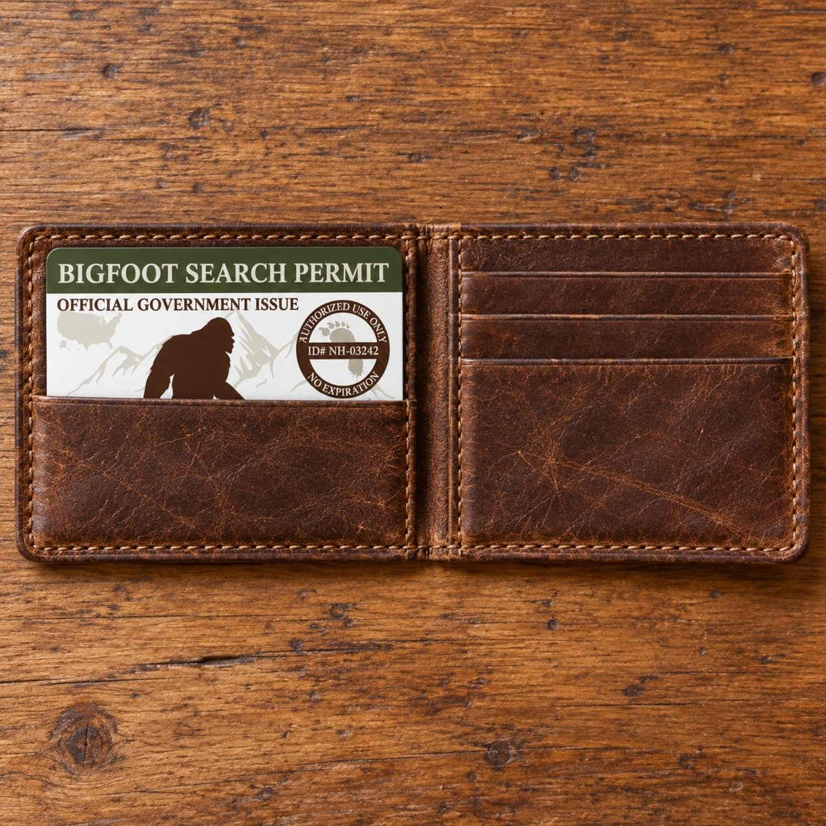 An open brown leather wallet on a wooden surface, displaying a permit card.