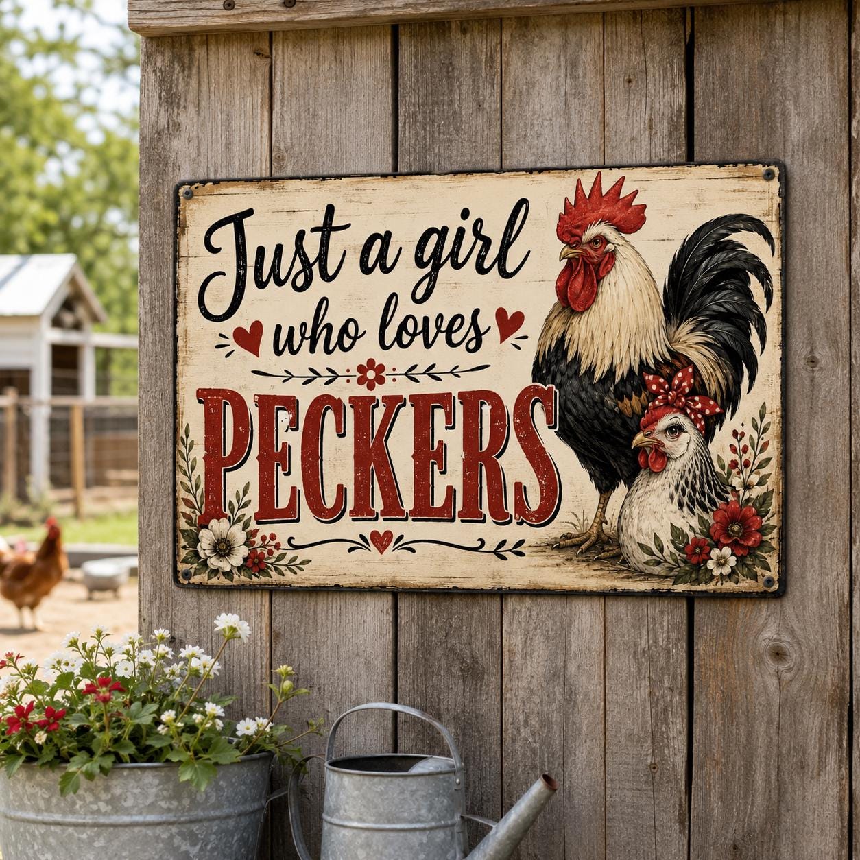 A wooden sign with a rooster and the text "Just a girl who loves Peckers" is displayed on a wall.