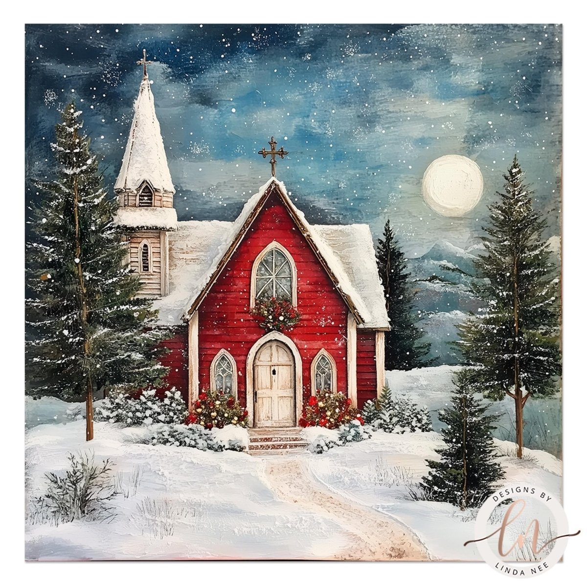Small red church steeple in snow beneath a full moon and starry sky
