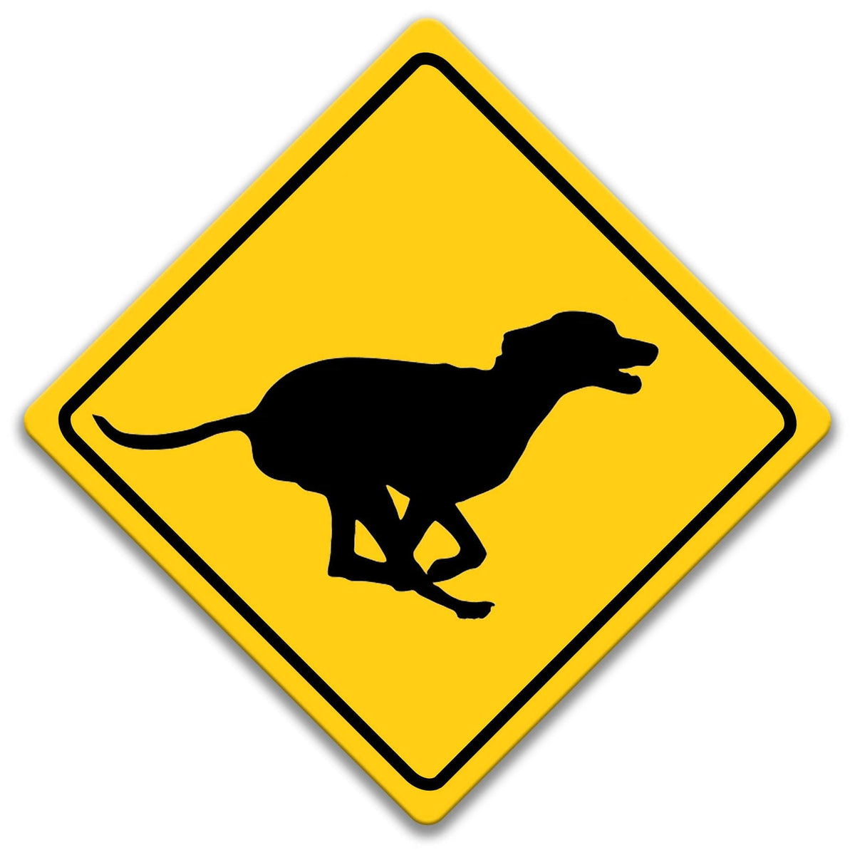 A yellow diamond-shaped sign with a black silhouette of a dog running in the center.